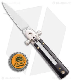 AGA 6" Lever Lock Automatic Italian Knife Ebony W/Cross Bolsters (2.5" Polish) -SOG Store AGA 6in LL Ebony Wood Auto Cross Bolsters Satin BHQ 177247 jr bottlecap