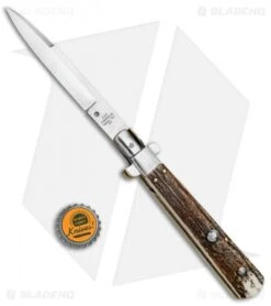 AGA Campolin 11" Frosolone Bayonet Stiletto Automatic Knife Stag (5" Satin) -SOG Store AGA Frosolone Stag Nickel 11in Bayo BP 29296 jr bottlecap