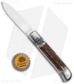 SKM Classic 8" Lever Lock Automatic Italian Knife Stag (3.2" Polish Flat) -SOG Store Beltrame LL Stag Auto Satin BP 7045 jr bottlecap