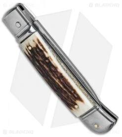 SKM Classic 8" Lever Lock Automatic Italian Knife Stag (3.2" Polish Flat) -SOG Store Beltrame LL Stag Auto Satin BP 7045 jr side