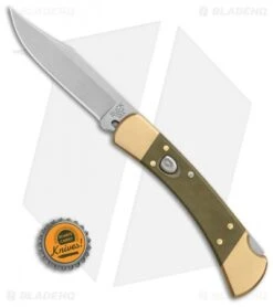 Buck Knives Buck 110 Automatic Knife OD Green Canvas Micarta/Brushed Brass (3.75" SW) -SOG Store Buck 110 Auto Brushed Micarta Brass BHQ 88783 er bottlecap