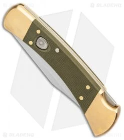 Buck Knives Buck 110 Automatic Knife OD Green Canvas Micarta/Brushed Brass (3.75" SW) -SOG Store Buck 110 Auto Brushed Micarta Brass BHQ 88783 er spine
