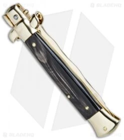 Frank B 9" Italian Stiletto Kris Automatic Knife Dark Horn (4" Gold) -SOG Store Frank B 9in Italian Stiletto Dark Horn Kriss Gold BP 26576 jr side