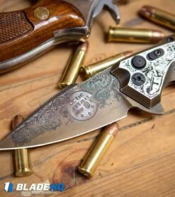 Hogue Knives/Outlaw Ordnance/Manspot X5 Automatic Knife (4" Bronze) Exclusive -SOG Store Hogue Knives X5 Spear Point Flipper Knife Bronze Manspot Exclusive BHQ 105684 kp 38 special web