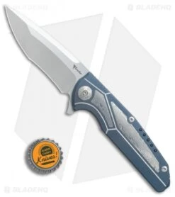 Reate Knives Reate K-4 Frame Lock Flipper Knife Blue Ti/Damascus (3.75" Satin) -SOG Store Reate K4 blue ti damascus satin BHQ 76631 er bottlecap