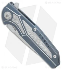 Reate Knives Reate K-4 Frame Lock Flipper Knife Blue Ti/Damascus (3.75" Satin) -SOG Store Reate K4 blue ti damascus satin BHQ 76631 er spine