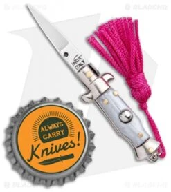 SKM Italian Stiletto Keychain Automatic Knife Silver/Pink (1.125" Satin) -SOG Store SKM Italian Stiletto Keychain Auto Silver Pink Satin BHQ 102939 jr bottlecap