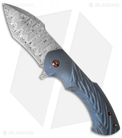 Rick Barrett Fallout Mid-Tech Flipper Knife Blue Titanium (3.5" Damascus) 1 Rick Barrett Fallout Mid-Tech Flipper Knife Blue Titanium (3.5" Damascus)