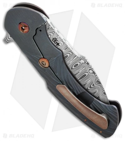 Rick Barrett Fallout Mid-Tech Flipper Knife Blue Titanium (3.5" Damascus) 2 Rick Barrett Fallout Mid-Tech Flipper Knife Blue Titanium (3.5" Damascus) - Image 2