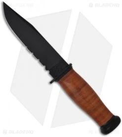Ka-Bar Mark I Knife W/ Leather Handle (5.125" Black Serr) 02-2226