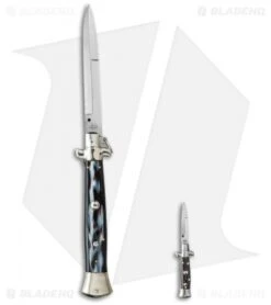 SKM 4.5" Italian Mini Stiletto Automatic Knife Dark Horn (2" Satin Bayonet) -SOG Store skm 4in stiletto dark horn bayo size cm