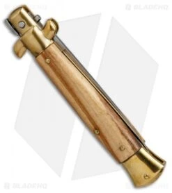 SKM AB 9" Italian Stiletto Automatic Knife Brass/Olive Wood (4" Satin Dagger) -SOG Store skm ab 9in stiletto olive wood dagger BP 18410 er side