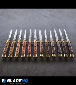 SKM AB 9" Italian Stiletto Automatic Knife Brass/Olive Wood (4" Satin Dagger) -SOG Store skm ab wood stiletto variety concrete dl 1