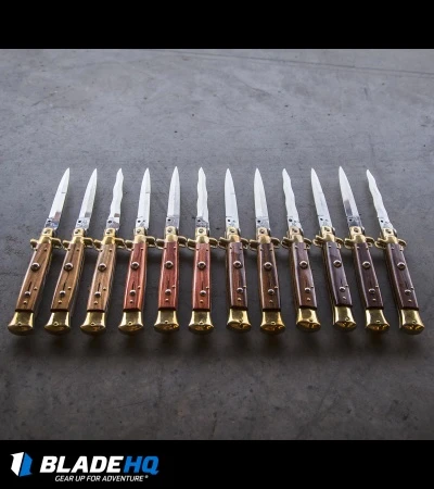 SKM AB 9" Italian Stiletto Automatic Knife Brass/Bocote Wood (4" Satin Dagger) 4 SKM AB 9" Italian Stiletto Automatic Knife Brass/Bocote Wood (4" Satin Dagger) - Image 4